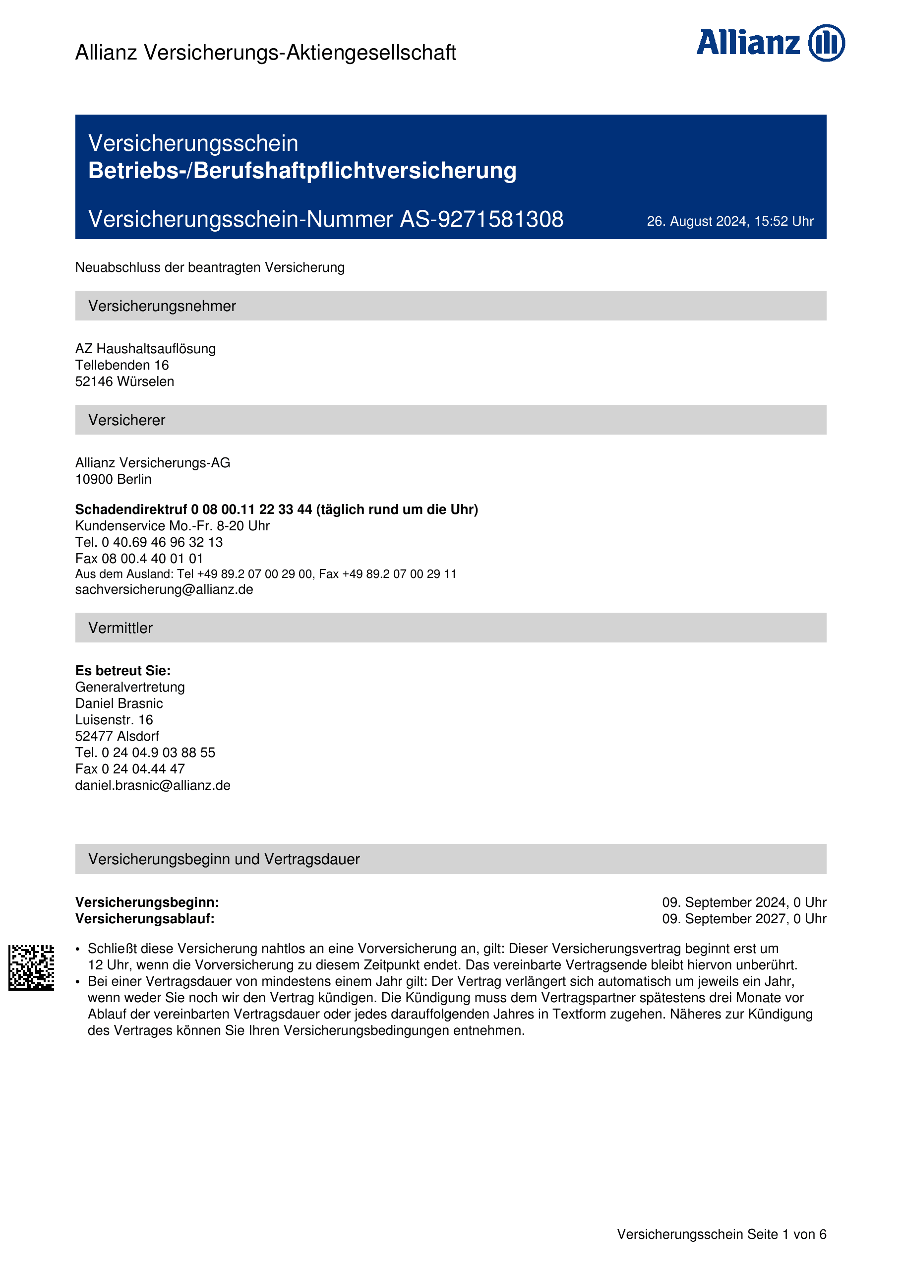 Erste Seite des Versicherungsscheins Nr. AS-9271581308 der Allianz Versicherungs-AG für AZ Haushaltsauflösung